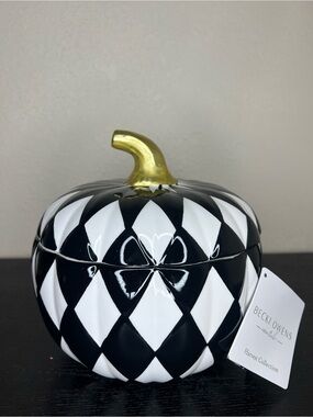 NEW Becki Owens Harvest Collection Black White Harlequin Pumpkin Ceramic Decor